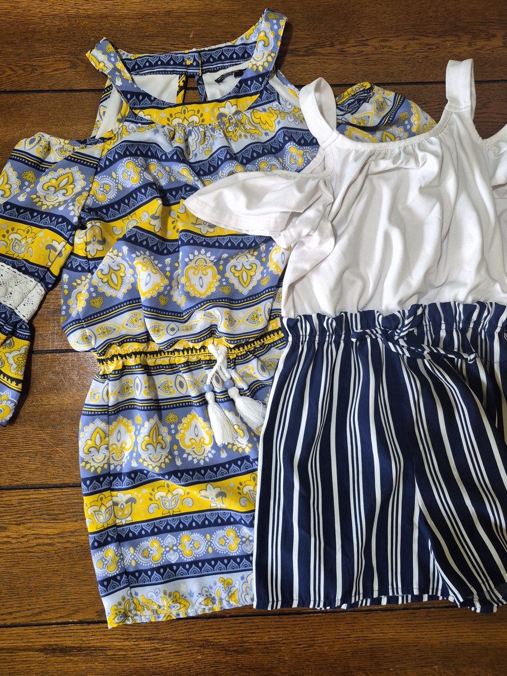 Lily Bleu Yellow & Navy Patterned Cold-Shoulder Dress with Tassel Detail